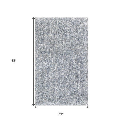 8' Slate Blue And Ivory Abstract Shag Hand Woven Runner Rug