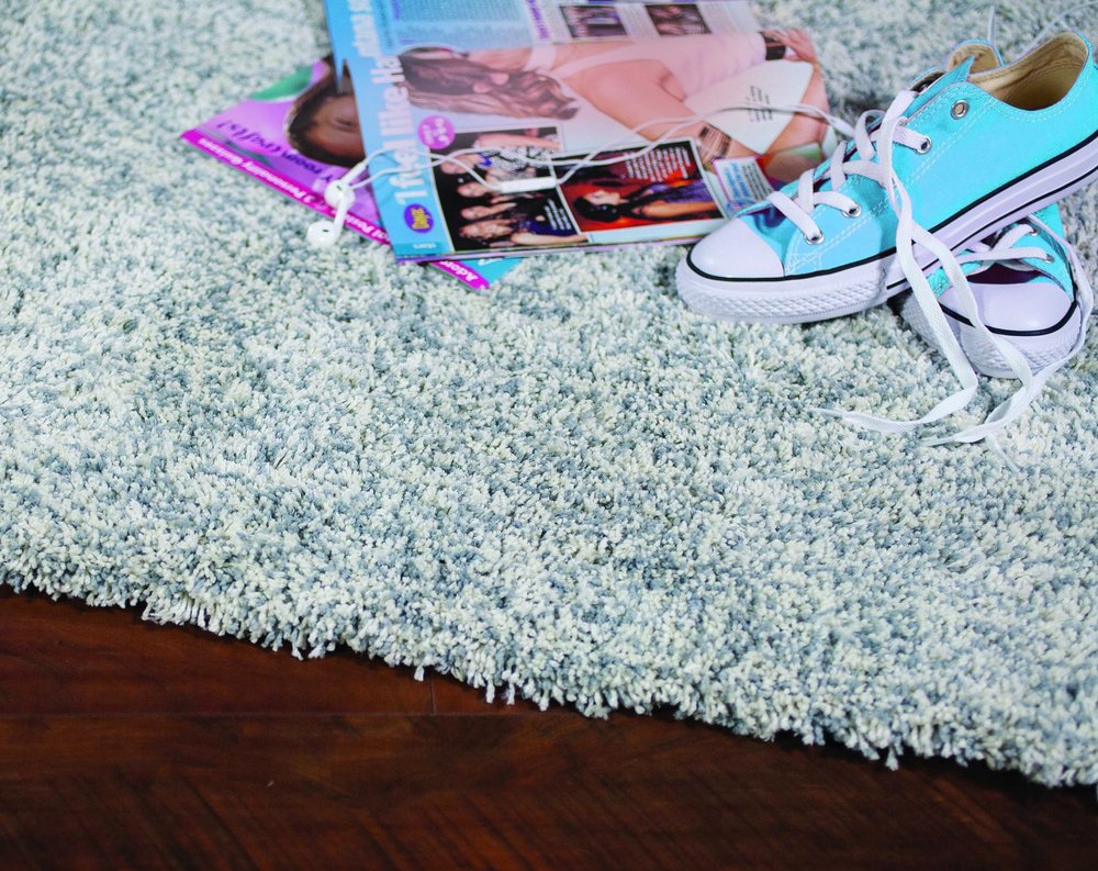 8' Slate Blue And Ivory Abstract Shag Hand Woven Runner Rug