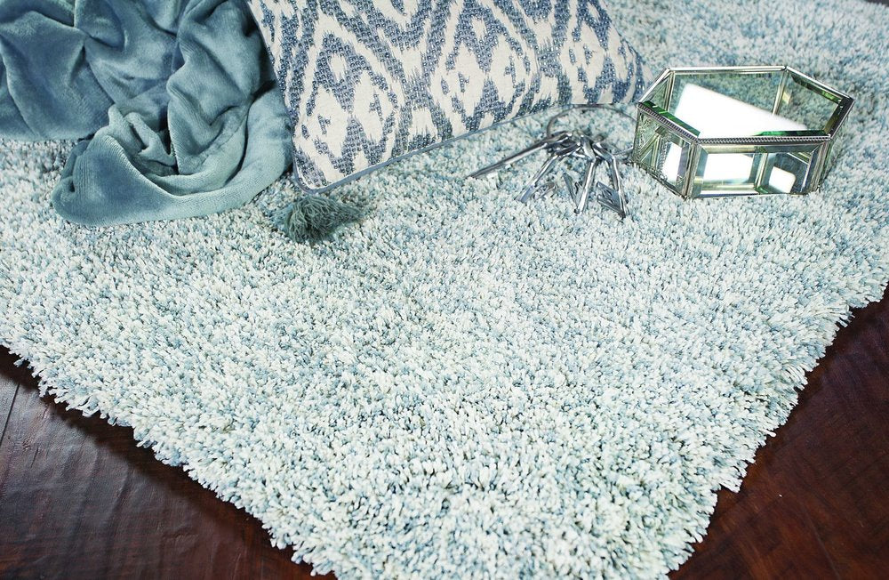8' Slate Blue And Ivory Abstract Shag Hand Woven Runner Rug