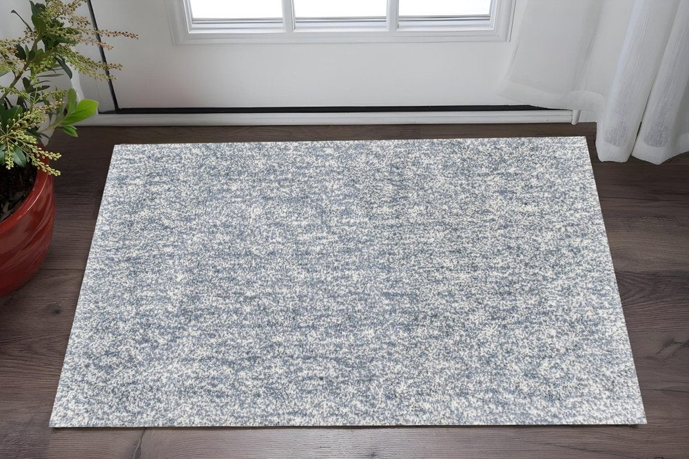 8' Slate Blue And Ivory Abstract Shag Hand Woven Runner Rug