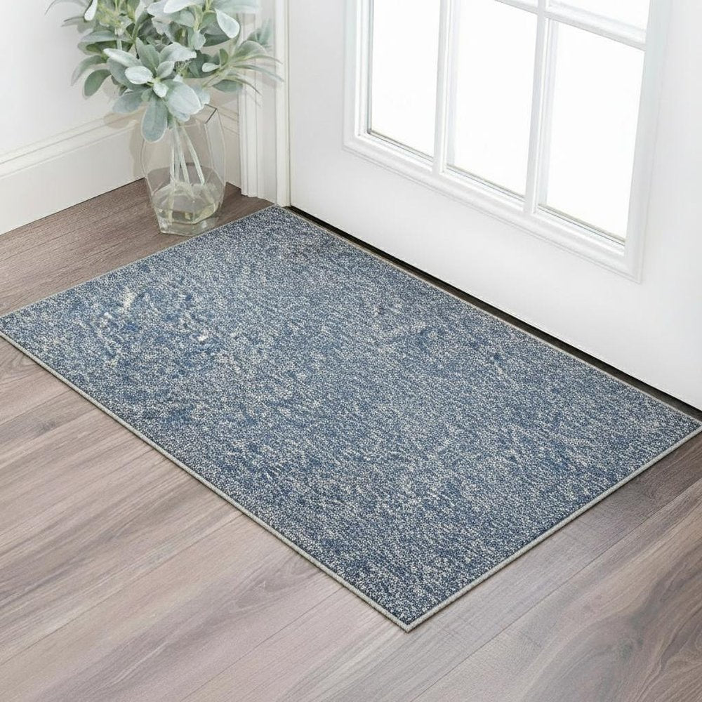 8' Indigo And Ivory Abstract Shag Hand Woven Runner Rug