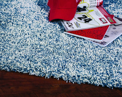 8' Indigo And Ivory Abstract Shag Hand Woven Runner Rug