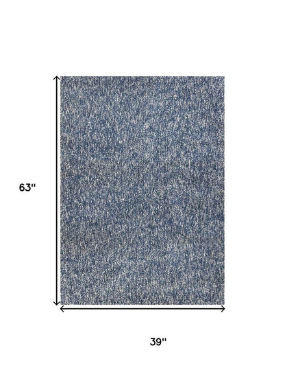 8' Indigo And Ivory Abstract Shag Hand Woven Runner Rug