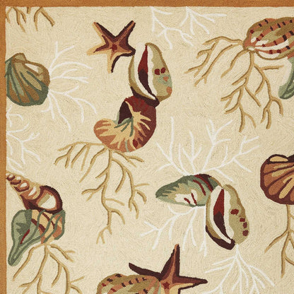 8' Beige Hand Hooked Sea Shells Indoor Runner Rug