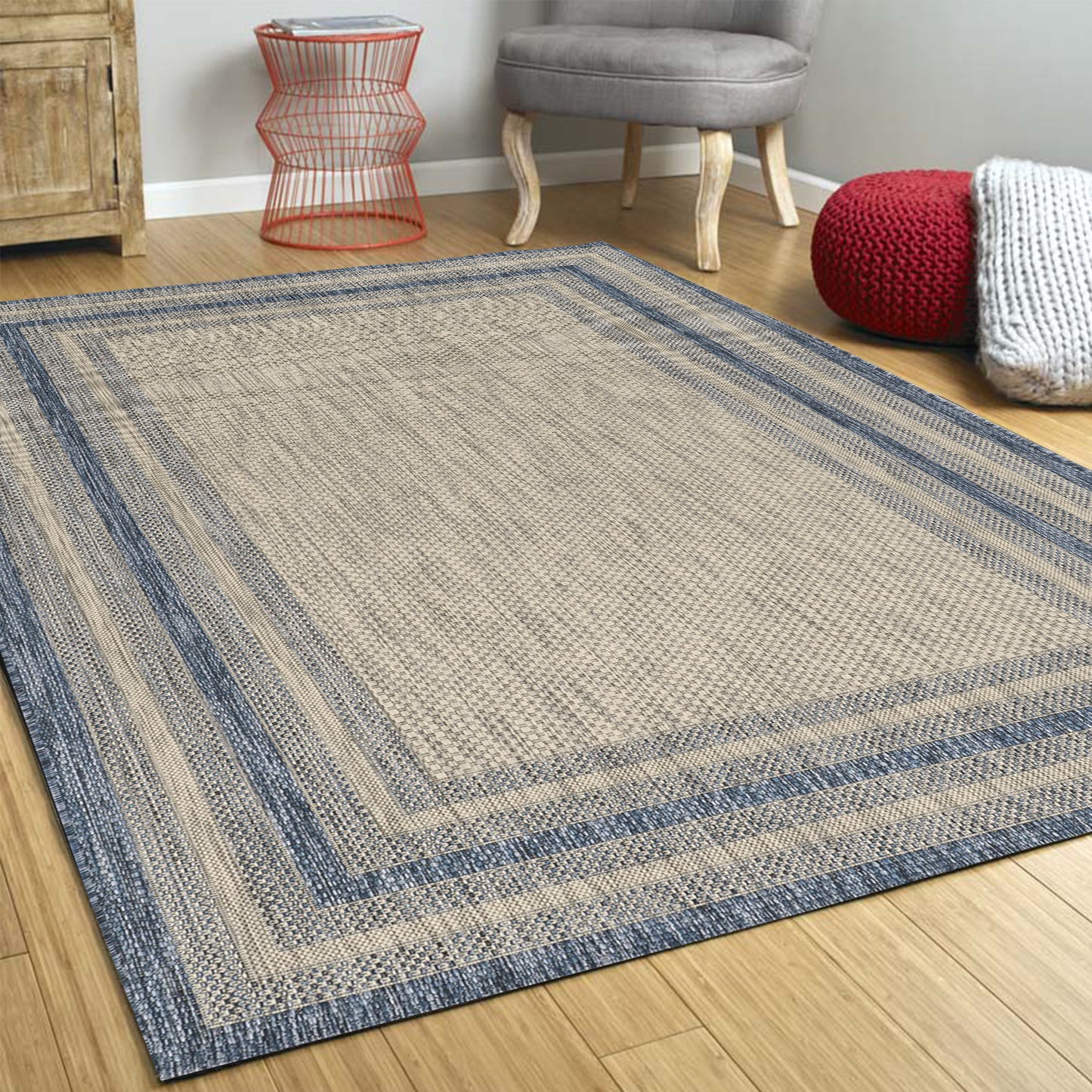 5' X 8'  Grey Or  Denim Bordered Uv Treated Area Rug