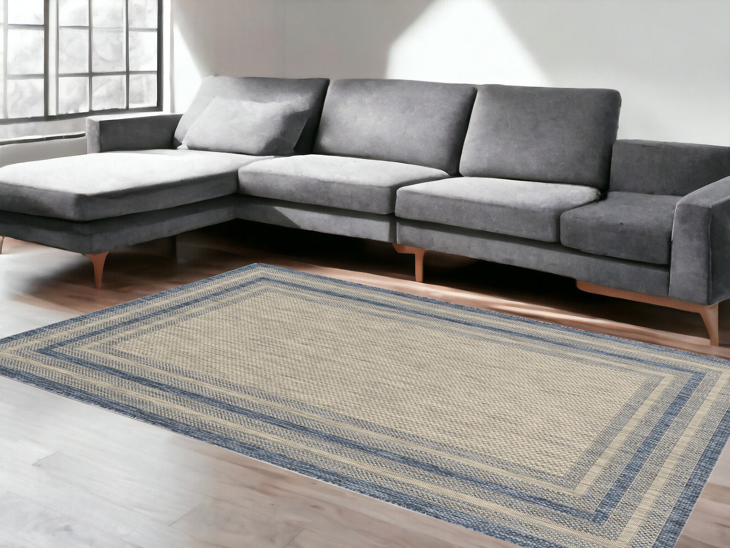 5' X 8'  Grey Or  Denim Bordered Uv Treated Area Rug