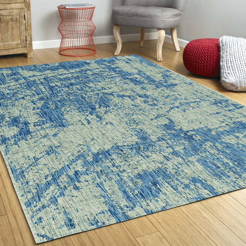 3' X 5' Blue And Green Abstract Indoor Outdoor Area Rug