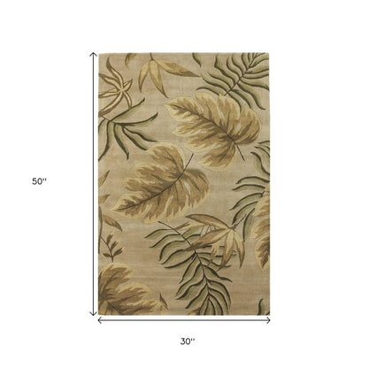 2' X 4' Sand And Beige Wool Botanical Leaves Hand Tufted Area Rug