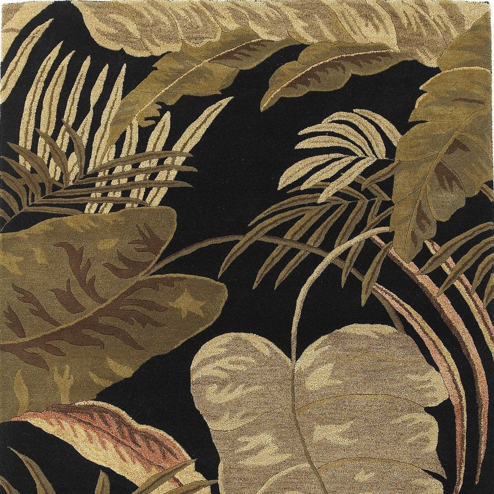 2' X 4' Black Beige And Brown Wool Botanical Leaves Hand Tufted Area Rug
