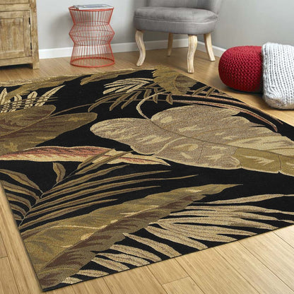 2' X 4' Black Beige And Brown Wool Botanical Leaves Hand Tufted Area Rug
