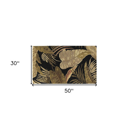 2' X 4' Black Beige And Brown Wool Botanical Leaves Hand Tufted Area Rug