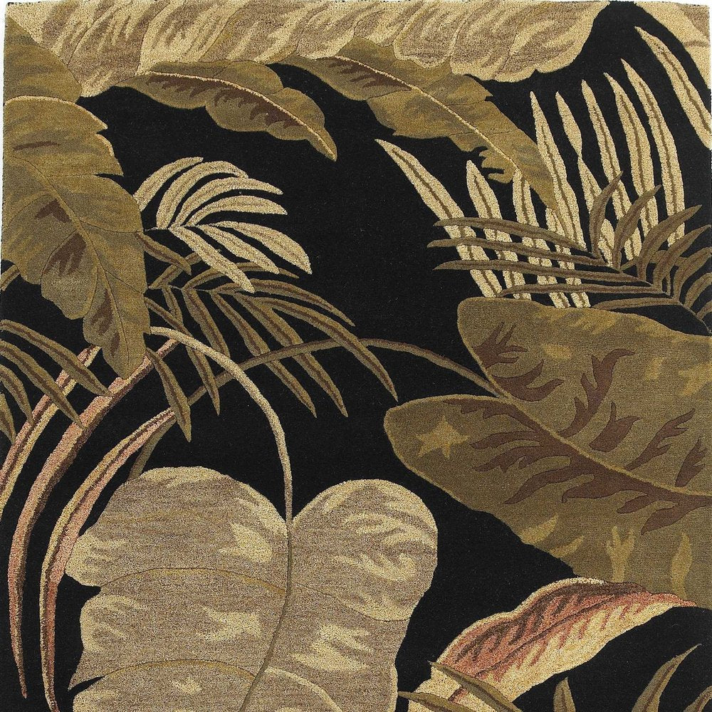 2' X 4' Black Beige And Brown Wool Botanical Leaves Hand Tufted Area Rug