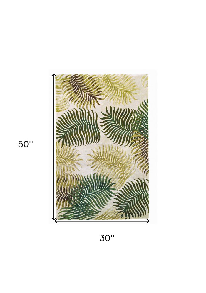 2' X 4' Natural Green And Brown Wool Botanical Leaves Hand Tufted Area Rug