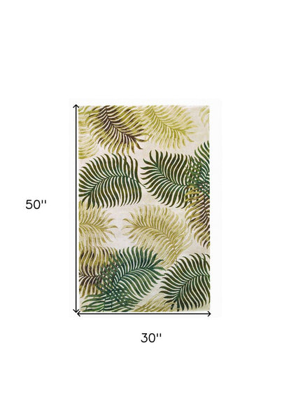 2' X 4' Natural Green And Brown Wool Botanical Leaves Hand Tufted Area Rug