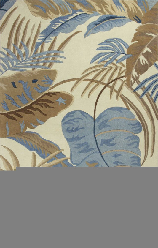 2' X 4' Ivory Blue And Brown Wool Tropical Botanical Hand Tufted Area Rug