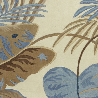 2' X 4' Ivory Blue And Brown Wool Tropical Botanical Hand Tufted Area Rug