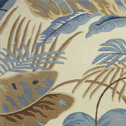 2' X 4' Ivory Blue And Brown Wool Tropical Botanical Hand Tufted Area Rug