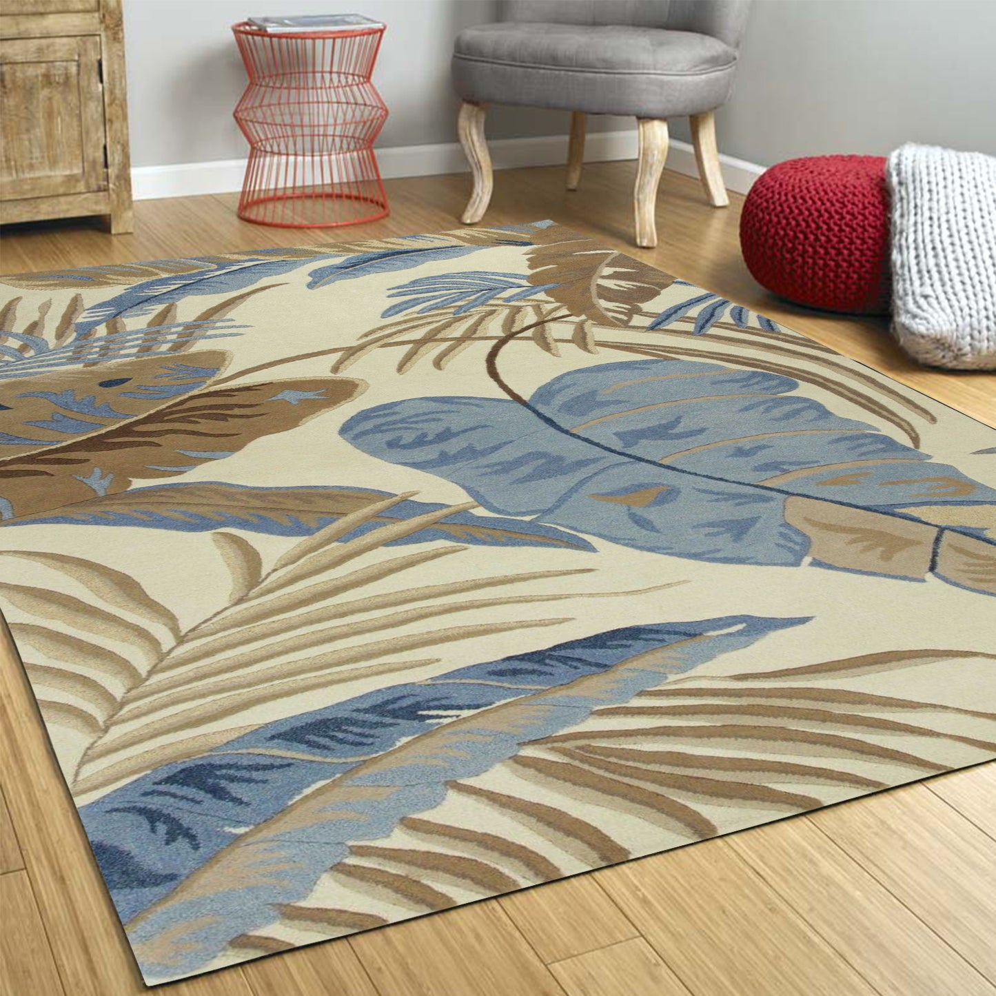 2' X 4' Ivory and Blue Wool Tropical Botanical Hand Tufted Area Rug