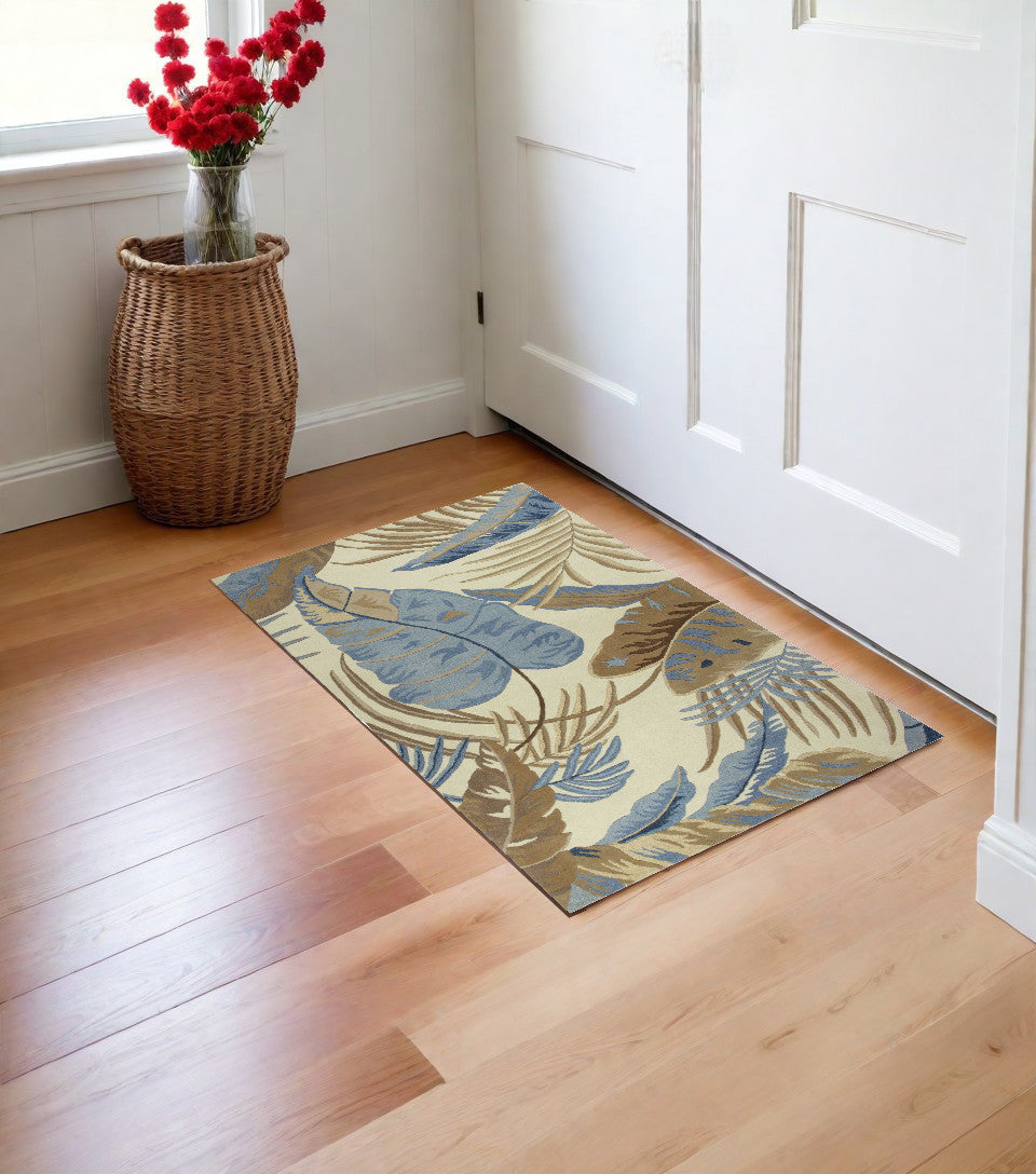 2' X 4' Ivory and Blue Wool Tropical Botanical Hand Tufted Area Rug