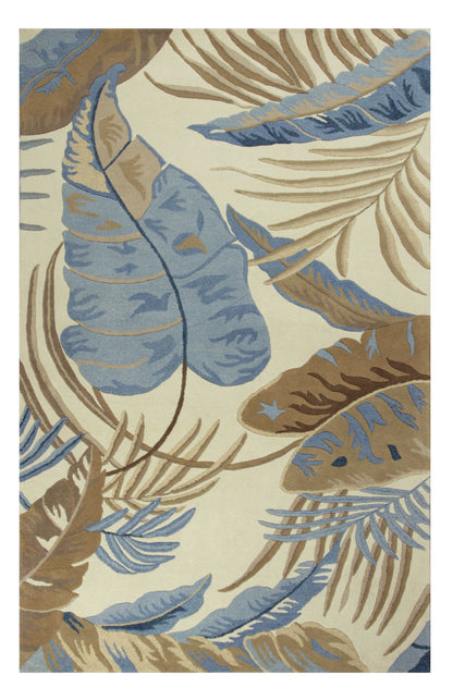 2' X 4' Ivory and Blue Wool Tropical Botanical Hand Tufted Area Rug