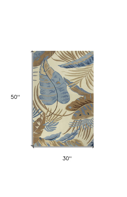 2' X 4' Ivory and Blue Wool Tropical Botanical Hand Tufted Area Rug