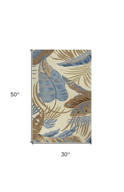 2' X 4' Ivory Blue And Brown Wool Tropical Botanical Hand Tufted Area Rug