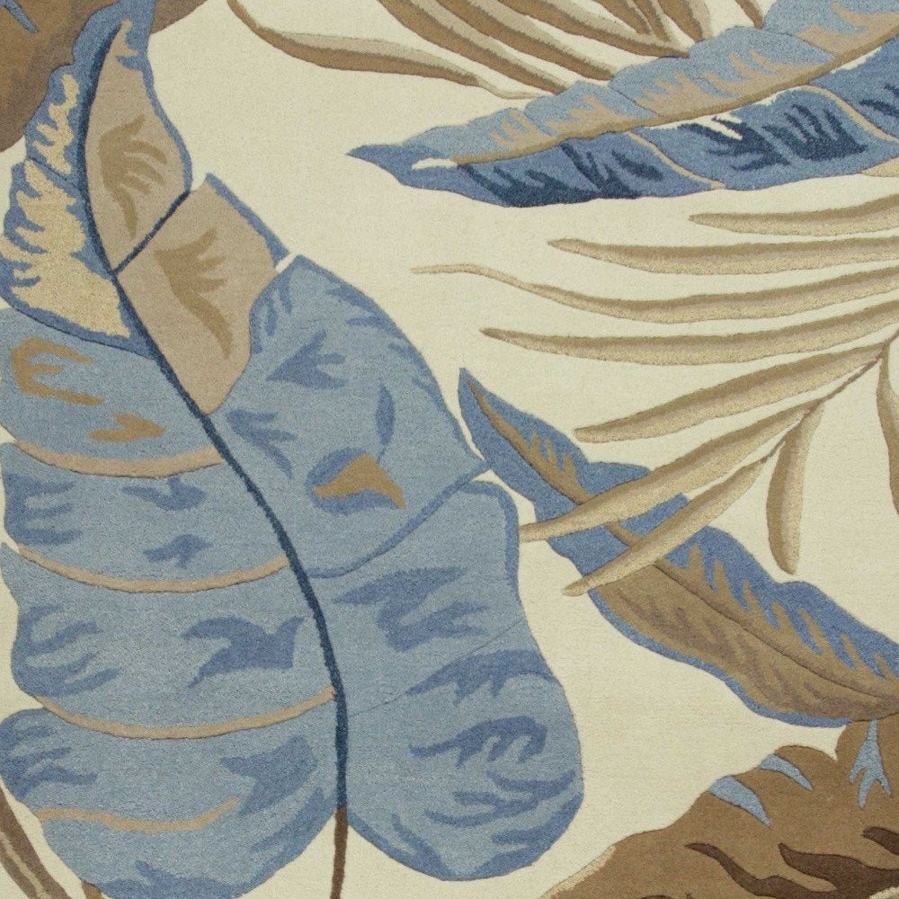 2' X 4' Ivory Blue And Brown Wool Tropical Botanical Hand Tufted Area Rug