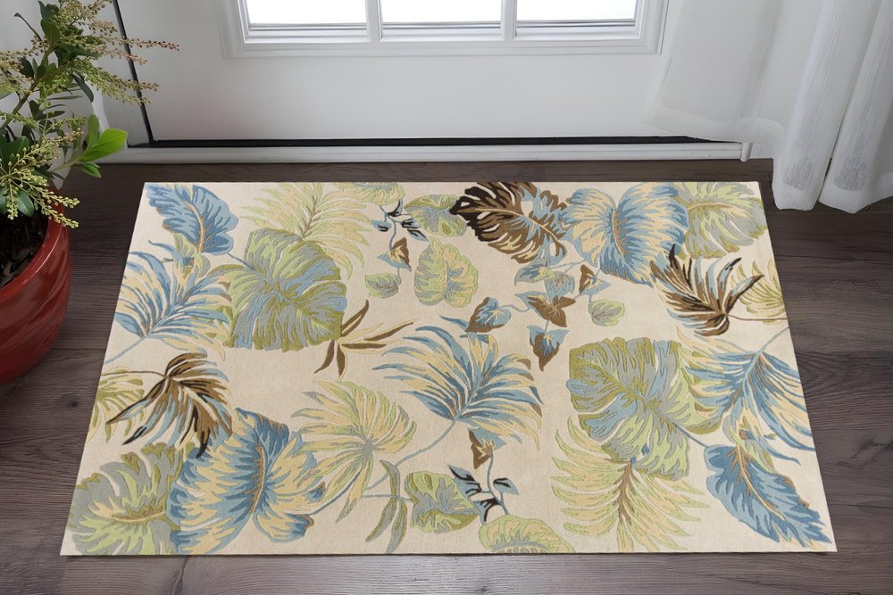 3' X 4' Ivory And Blue Wool Botanical Leaves Hand Tufted Area Rug