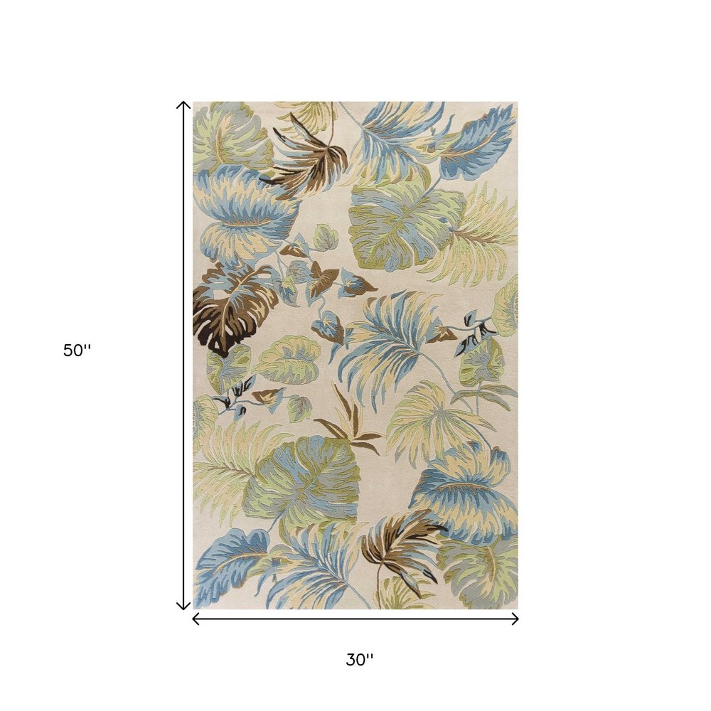 3' X 4' Ivory And Blue Wool Botanical Leaves Hand Tufted Area Rug