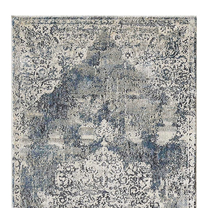 8' Ivory Machine Woven Distressed Diamond Floral Medallion Indoor Runner Rug