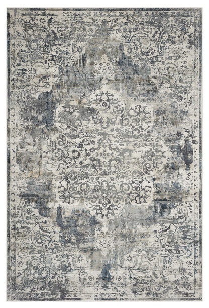 8' Ivory Machine Woven Distressed Diamond Floral Medallion Indoor Runner Rug