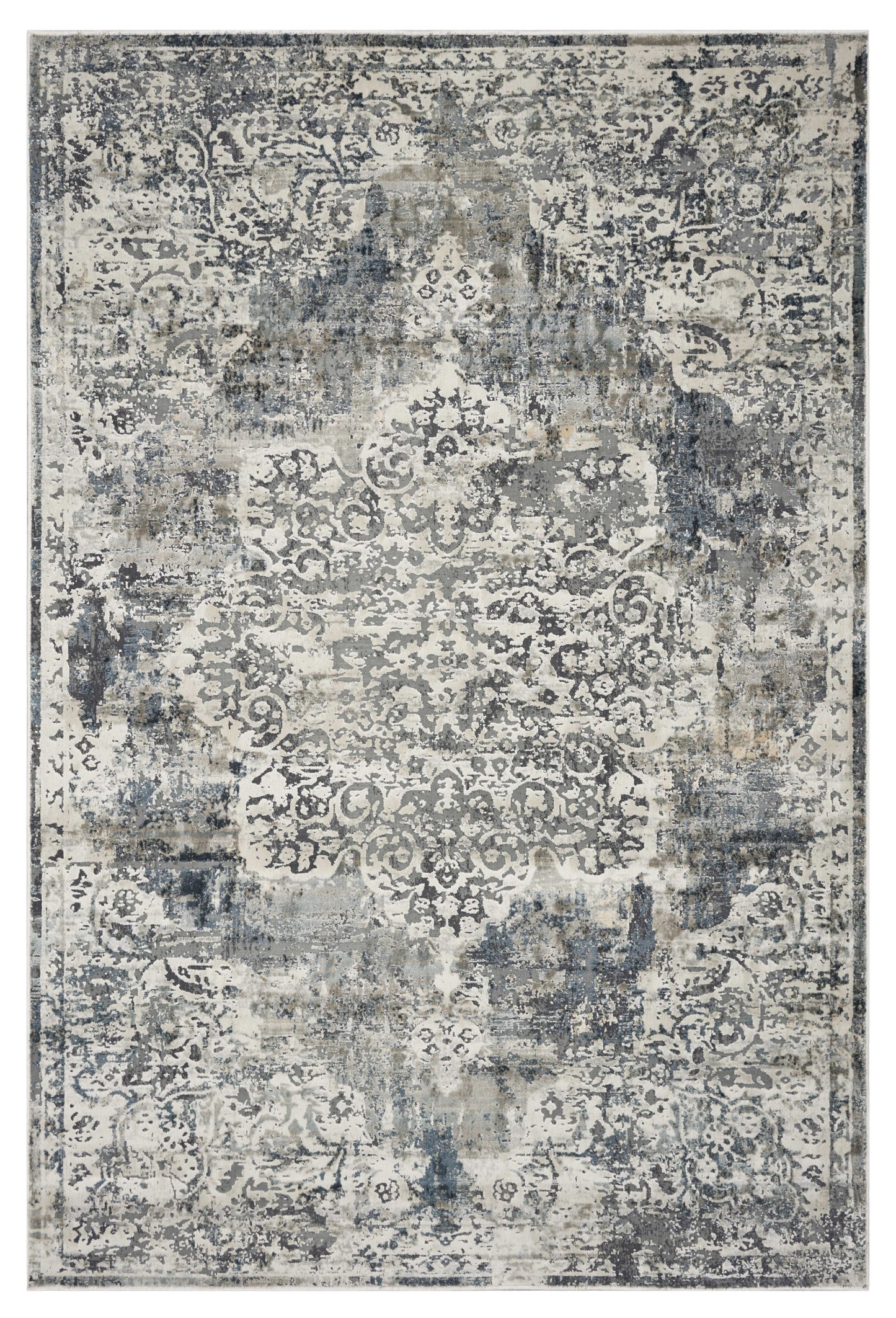 8' Ivory Machine Woven Distressed Diamond Floral Medallion Indoor Runner Rug