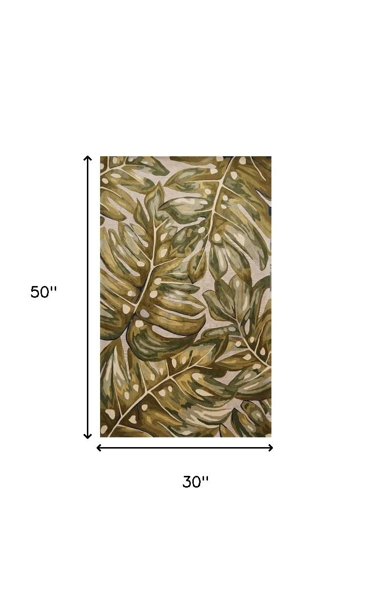 2' X 4' Green Palm Leaves Wool Area Rug