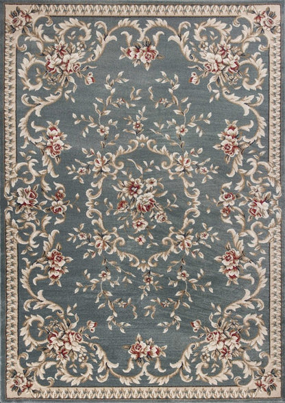5' X 8' Slate Blue Red And Ivory Floral Medallion Area Rug