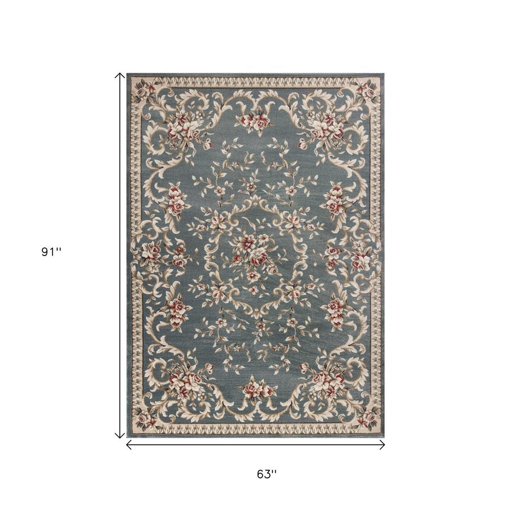 5' X 8' Slate Blue Red And Ivory Floral Medallion Area Rug