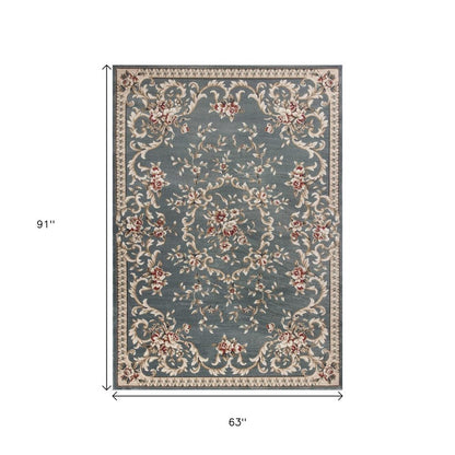 5' X 8' Slate Blue Red And Ivory Floral Medallion Area Rug