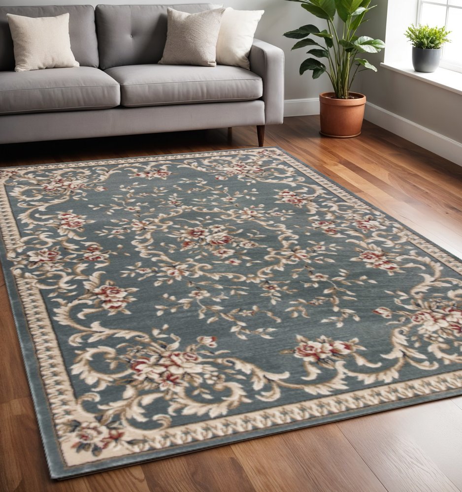 5' X 8' Slate Blue Red And Ivory Floral Medallion Area Rug