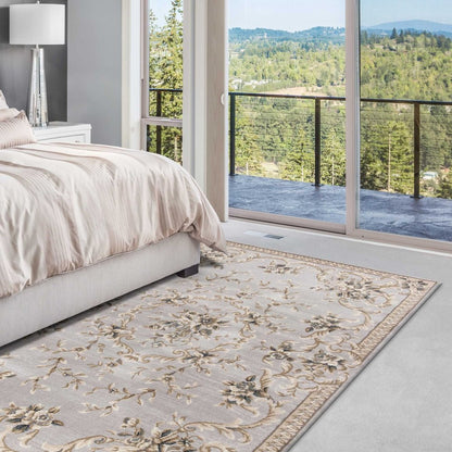 5' X 8' Light Gray Green And Tan Floral Medallion Area Rug