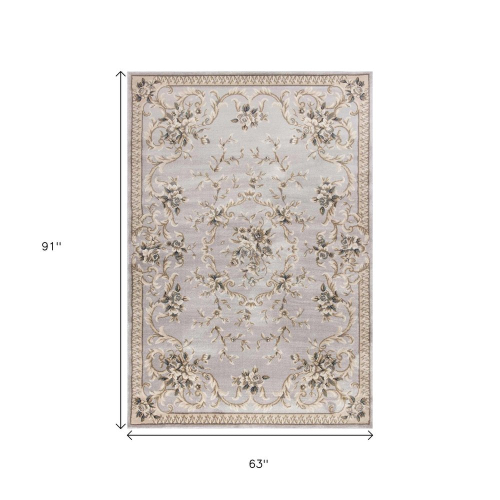 5' X 8' Light Gray Green And Tan Floral Medallion Area Rug