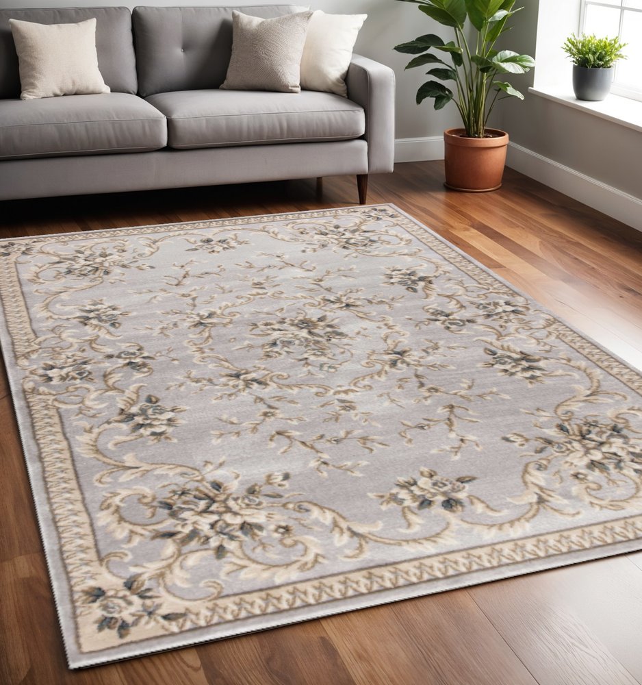 5' X 8' Light Gray Green And Tan Floral Medallion Area Rug
