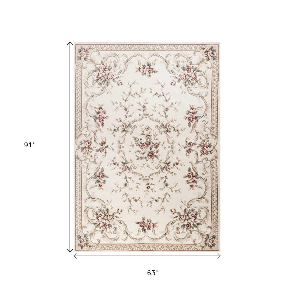 5' X 8' Ivory Red And Green Floral Medallion Area Rug