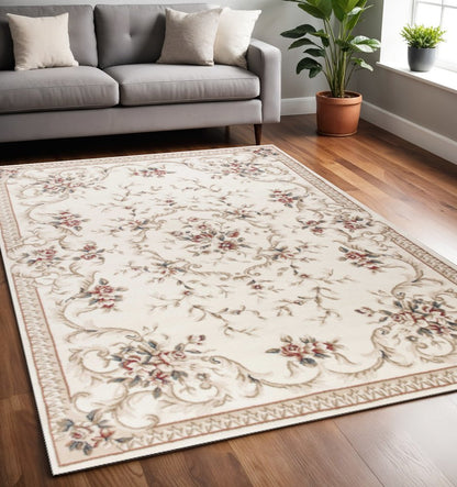 5' X 8' Ivory Red And Green Floral Medallion Area Rug