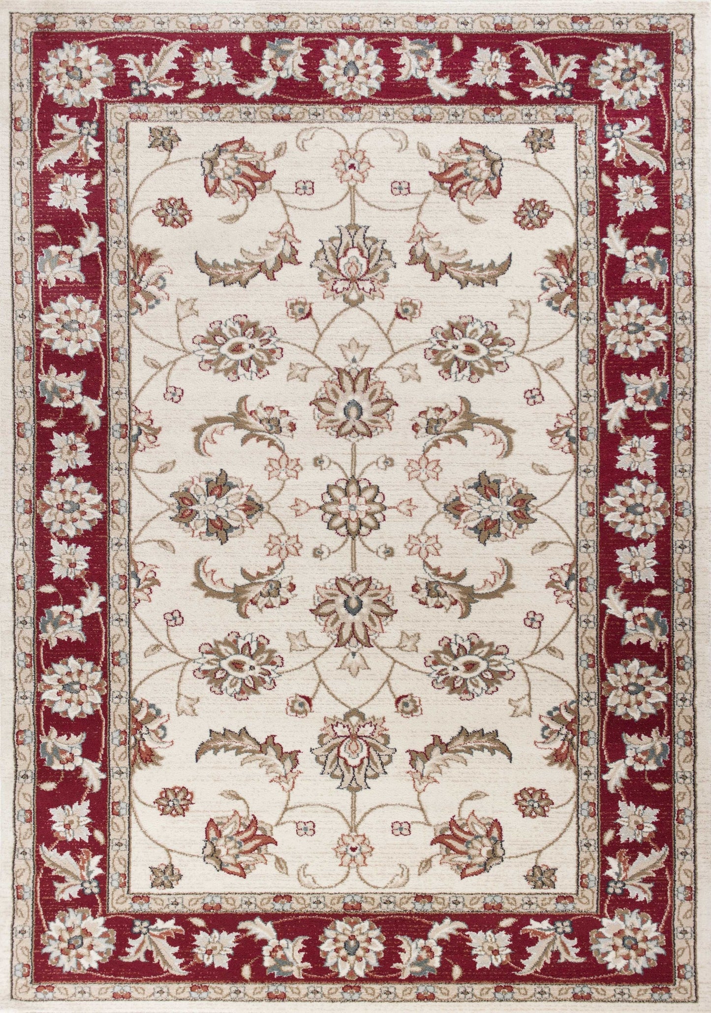 5' X 8' Ivory Red Bordered Floral Indoor Area Rug