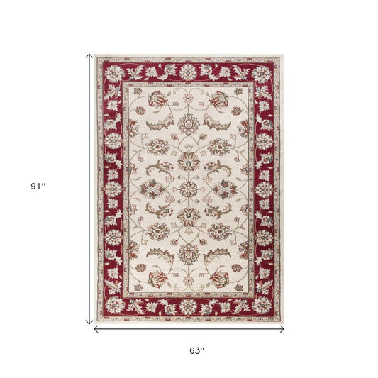 5' X 8' Ivory And Red Floral Medallion Area Rug