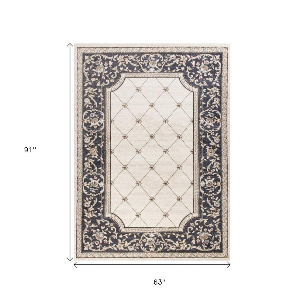 5' X 8' Ivory And Gray Floral Area Rug