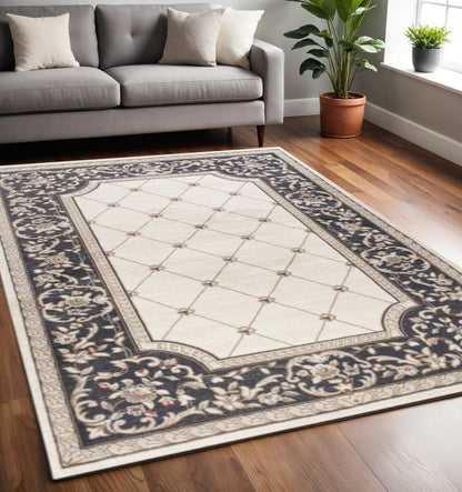 5' X 8' Ivory And Gray Floral Area Rug