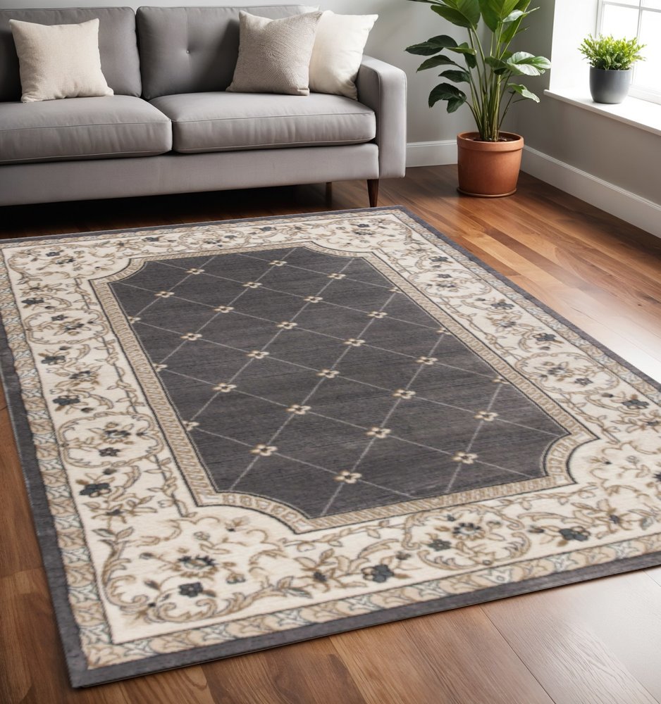 8' Gray And Ivory Floral Runner Rug