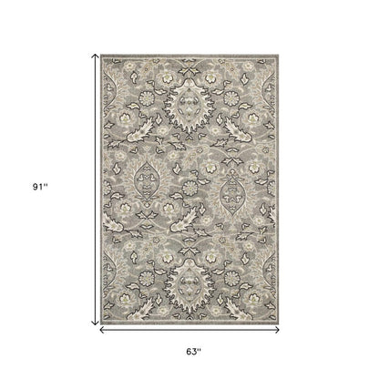 5' X 8' Gray And Ivory Floral Medallion Area Rug