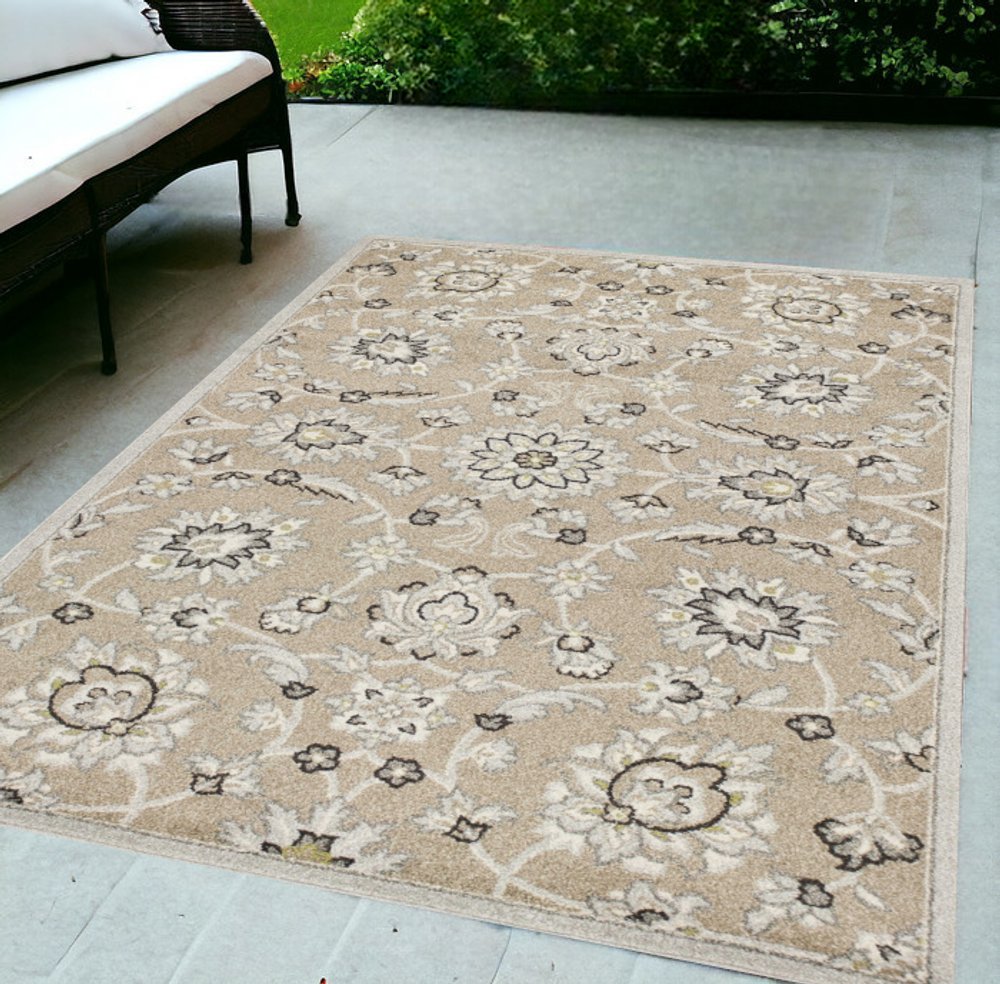 7' X 10' Beige Floral Indoor Outdoor Area Rug