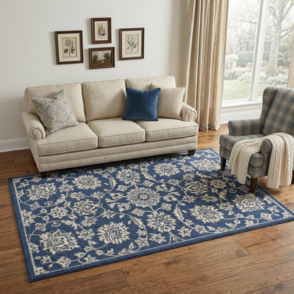 3' X 5' Blue And Ivory Floral Medallion Area Rug